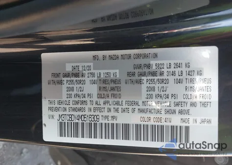 2021 Mazda Cx-9 Grand Touring from USA, damaged, VIN JM3TCBDY4M0516309